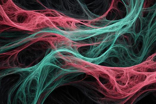 Intricate, flowing, fractal network of vibrant pink and teal threads against a black backdrop photo