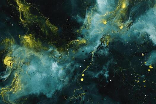 Cosmic nebulae swirling in teal and gold. Abstract painting of a swirling celestial event photo