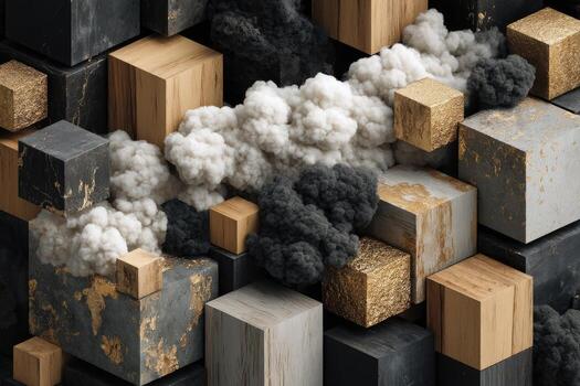 resumen geométrico composición de cubitos, madera, y mármol, con arremolinándose nubes de contrastando colores foto