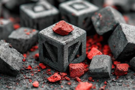 gris cubo con rojo mineral fragmentos foto