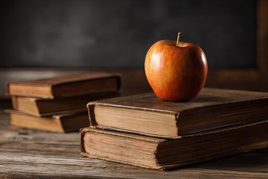 A single apple rests atop aged books photo