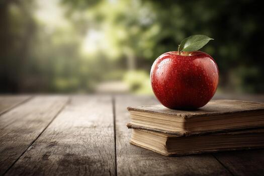 Red apple atop aged books on a rustic wooden table, bathed in natural light photo