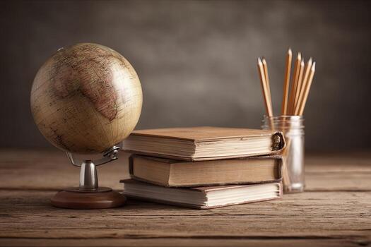 Vintage study scene with globe and books photo