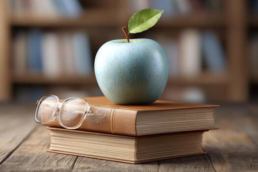 Knowledge and learning represented by a light blue apple on books photo