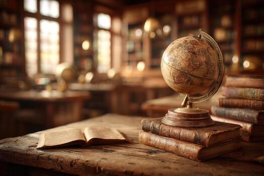 Antique globe in a historic library photo