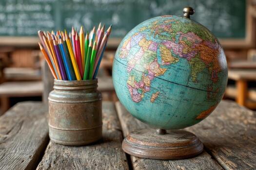 Classroom globe and colored pencils on weathered wooden table photo