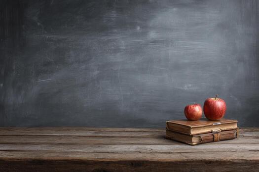 Two red apples sit atop old books on a weathered wooden surface before a dark gray chalkboard photo