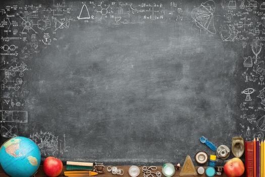Classroom chalkboard with various school supplies and formulas photo