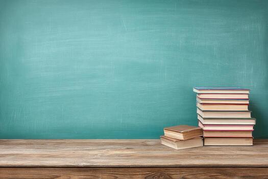 Stack of books on a wooden table in front of a teal chalkboard photo