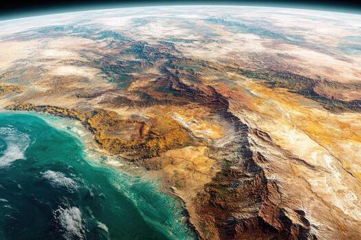 High-angle view of a desert region bordering an ocean. Detailed terrain photo