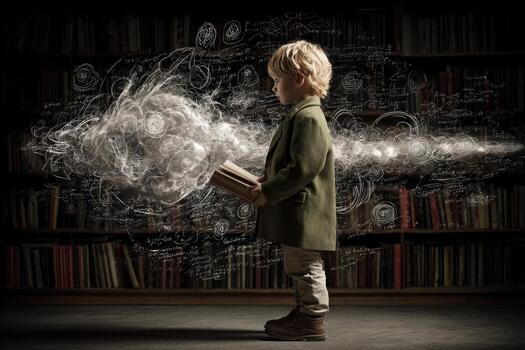 Young boy engrossed in reading, surrounded by swirling abstract concepts photo