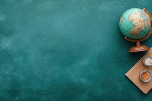 Teal Classroom Surface with Globe and Journal photo