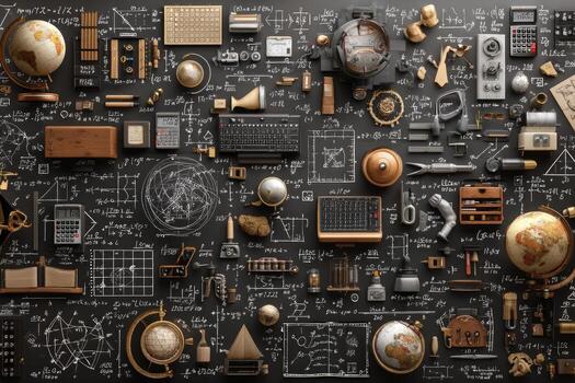 A vast collection of vintage scientific and navigational tools arranged on a chalkboard background photo