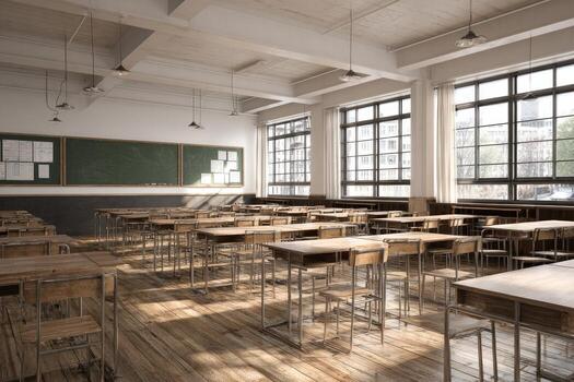 Empty classroom, natural light photo