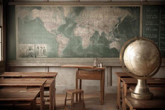 Vintage classroom with world map and globe photo