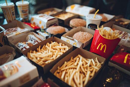 rápido comida banquete desbordante con hamburguesas, papas fritas, y bebidas foto