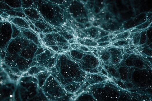 Intricate network of teal filaments, dotted with specks photo