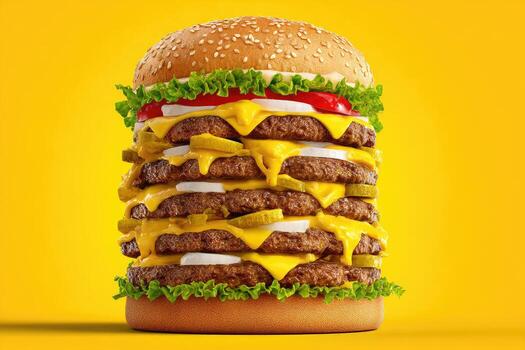 Giant, stacked burger, overflowing with cheese and toppings photo