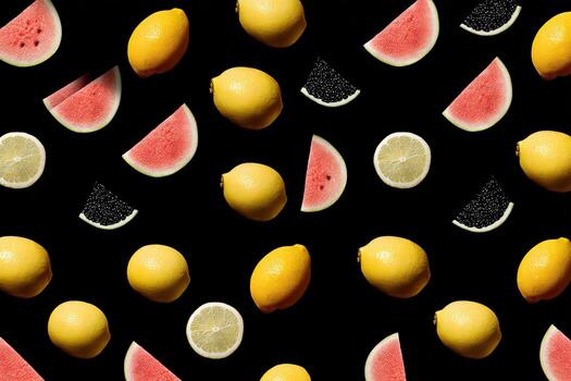 Fresh fruit slices pattern on black background photo