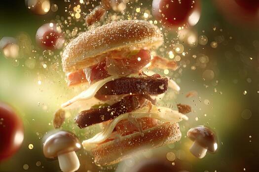 Exploding gourmet burger with ingredients in mid-air photo