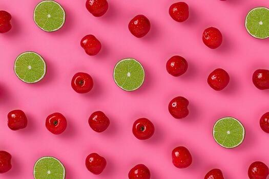 Fresh fruit pattern on a pink background photo