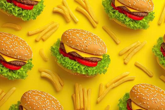 Burger and Fries Pattern on Yellow photo