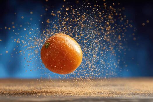 Orange in mid-air, exploding in a shower of spice photo