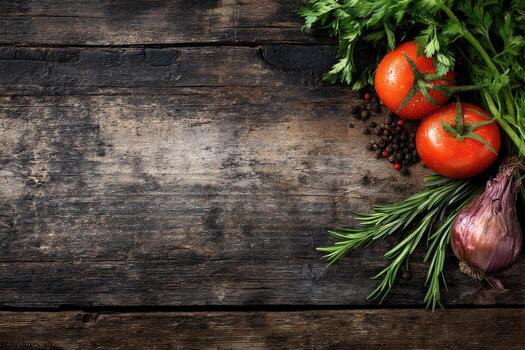 Fresh vegetables and herbs on a rustic wooden table photo