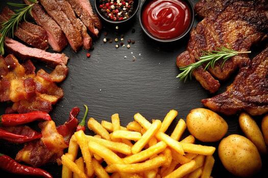 Grilled steak, bacon, fries, and roasted potatoes photo