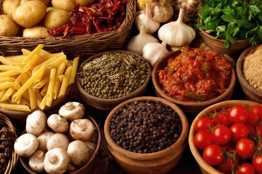 Diverse assortment of fresh and dried ingredients for culinary use photo