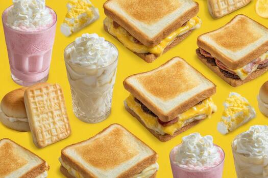 Breakfast and snack pattern on yellow background photo