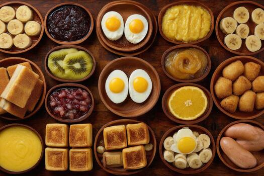 clasificado desayuno platos arreglado en un de madera tablero foto