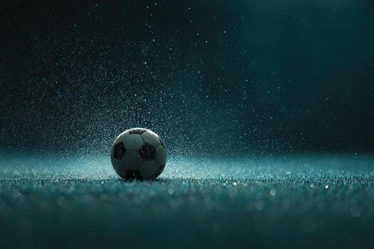 A soccer ball on the grass with water splashing photo