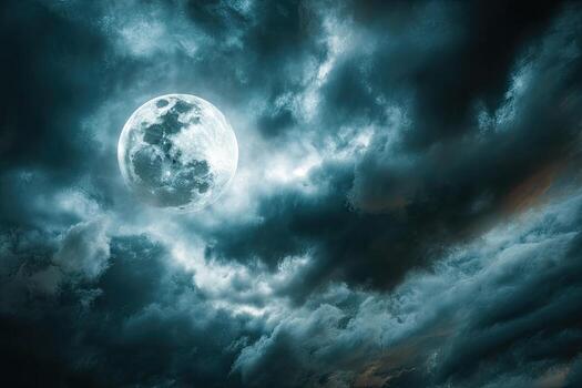 Full moon shrouded in ominous storm clouds photo