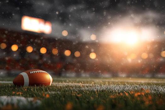 A football rests on a snowy field, stadium lights illuminate the scene photo