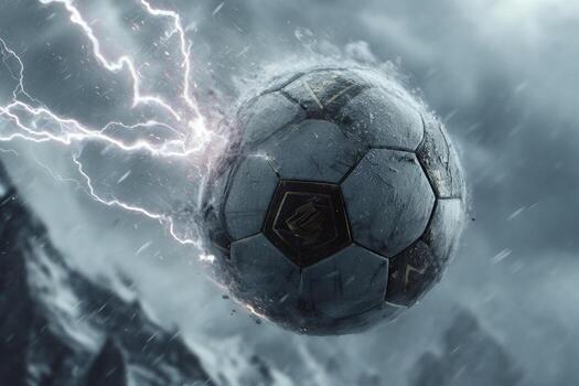 Powerful soccer ball struck by lightning in a stormy mountain environment photo