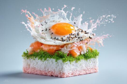 Exploding egg atop layered sushi photo