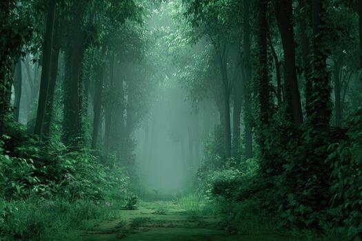 Misty, verdant forest path photo