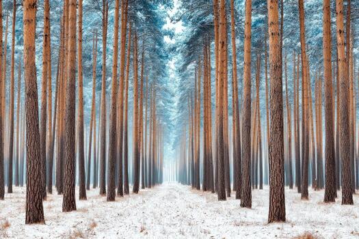 Winter forest path, snow-covered trees photo
