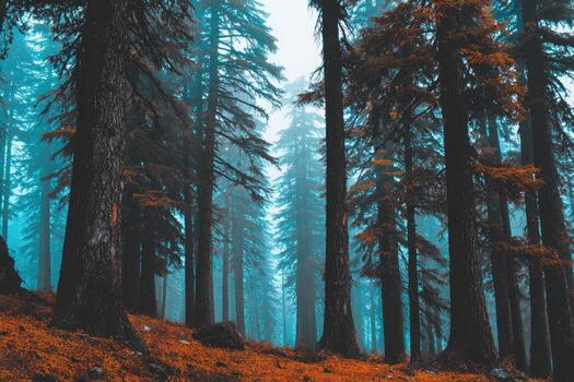 A forest with tall trees and fog photo