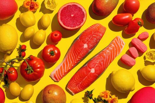 Vibrant array of fresh produce and salmon. A colorful display of fruits and vegetables, including lemons, tomatoes, grapefruits, mangos, and a pair of salmon fillets, arranged on a bright yellow background photo