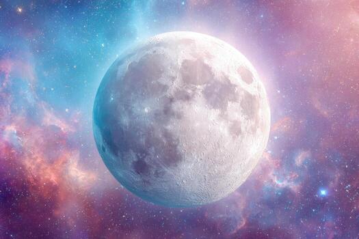 Full moon bathed in cosmic nebula photo