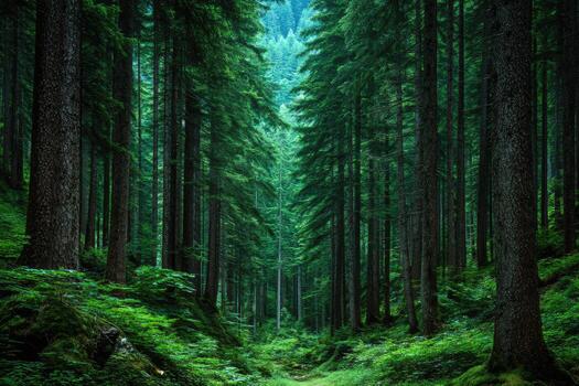 Deep forest path. Lush green trees photo