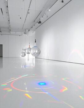 Modern art exhibit. White gallery space. Hanging orbs. Light patterns on floor photo