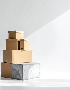 apilado cartulina cajas en un hormigón bloquear en contra un blanco pared foto