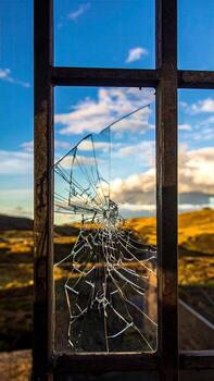 Broken glass windowpane, showcasing a landscape view photo