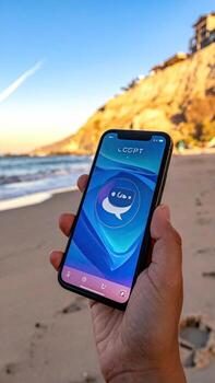 Smartphone displaying a vibrant app on a sandy beach photo