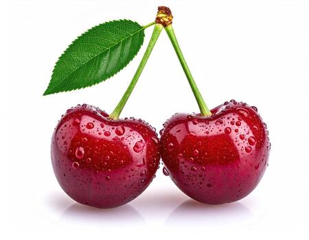 Two fresh cherries with a green leaf, wet with water droplets, against a white background photo