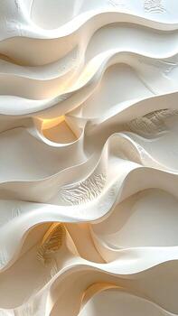 Abstract, textured wall paneling. Cream-colored, flowing curves and sculpted forms create a dynamic visual effect. Soft lighting highlights the intricate details photo