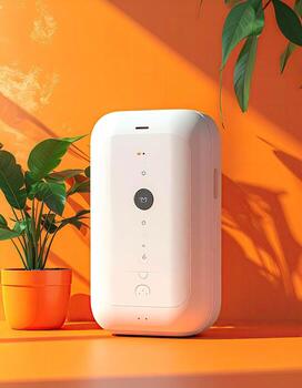 White rectangular device, resembling a portable sanitizer or charging station, sits on an orange surface, surrounded by greenery photo